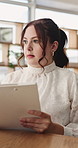 Clipboard, reading and thinking with woman in home office for agenda, planning or schedule. Administration, document and remote work with freelance employee at desk in apartment for small business