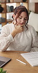 Documents, laptop and thinking with woman in home office for agenda, planning or schedule. Administration, computer and paperwork with freelance employee at desk in apartment for small business