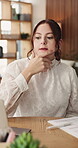 Laptop, paper and thinking with woman in home office for agenda, planning or schedule. Administration, computer and documents with freelance employee at desk in apartment for small business startup