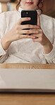 Texting, laptop and hands in office with phone, social media scroll or chat on work break. Digital, relax or female person in workplace with tech, message feedback or app browse in free time.