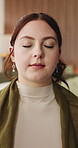Mindfulness, calm or woman in home to relax, awareness practice or grounding exercise for mental health. Peace, meditation or person with holistic activity in lounge, reduce stress or spiritual zen