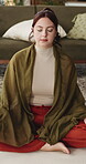 Mindfulness, calm or woman with yoga mat to relax, awareness practice or grounding exercise for health. Peace, meditation or person with holistic activity in home, reduce stress or spiritual zen