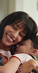 Mother, kid or hug in home for care, relax and play together with parent for happiness. Mom, girl or embrace in living room with child for connection, forehead touch or support for love with daughter