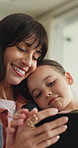 Relax, tablet and happy with mother and daughter on sofa in home for streaming, love and bonding. Movie subscription, support and media search with woman and child in living room of family house