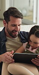 Relax, tablet and happy with father and daughter on sofa in home for streaming, love and bonding. Movie subscription, support and media search with man and child in living room of family house