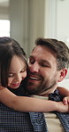 Papa, child and hug in home for love, security and bonding together with happy parent for comfort. Father, girl and embrace in living room with kid for family connection, trust and support with care
