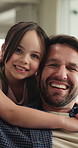 Face, father and hug child in home for love, security and bonding together with funny parent. Dad, girl and embrace in living room with kid for family connection, laughing and portrait with care