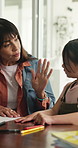 Mother, child and talk in home with homework, math assessment and problem solving for skill development. Woman, daughter and conversation in house with numeracy task, help and learning for education.