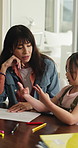 Mom, child and count in house with homework, math assessment and problem solving for skill development. Woman, daughter and conversation in home with calculation, support and learning for education.