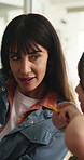 Mother, child and lesson in home with homework, literacy assessment or teaching skill for development. Woman, daughter and talking in house with english task, help and learning support for education.