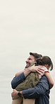 Happiness, father or daughter outdoor with hug, healthy relationship or bonding together in childcare. Smile, man or child with embrace, parenthood or family connection in childhood development.