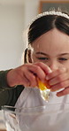 Mother, child and baking in kitchen with egg, meal preparation and bonding together for development. Woman, daughter and ingredients in home with food recipe, advice and teaching skills for growth.