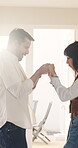 Dance, laughing and love with couple in home together for bonding, relationship or romance. Funny, holding hands and rhythm with happy people having fun in apartment for connection, safety or trust