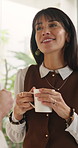 Coffee, smile and talking with woman in kitchen of home for morning or weekend conversation. Caffeine, cup and love with mature person speaking in apartment for bonding, connection or relationship