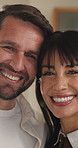 Face, couple and smile in home for love, connection and care with healthy relationship. Portrait, happy man and woman in house with loyalty, trust and bonding together with mature partner for support