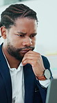 Confused, laptop and black man in office with doubt, upset or frustration for mistake on finance report. Anxiety, problem solving and African male financial manager with crisis for investment loss.