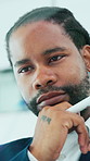 Thinking, business and black man with glass for writing strategy, problem solving and budget solution. Corporate, happy and person with ideas for investment choice, financial growth and planning