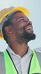 Thinking, happy and black man in city for construction site, inspection and building project. Architecture, civil engineer and person with ppe for infrastructure, urban development and renovation