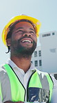Black man, architect and smile with thinking at construction site, progress and property development in city. African person, engineer and happy with perspective, helmet and building project in town