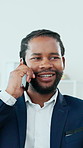 Black man, phone call and talk with smile at office for contact, consulting or insight at insurance company. Person, broker and advisor on smartphone, happy or communication at risk management agency