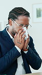 Black man, tissue and sick with sneeze at office with cold symptoms at property management company. African person, realtor or consultant with napkin for cleaning nose, illness and flu at agency