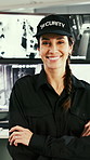 Happy woman, face or security with confidence for surveillance or protection service in control room. Portrait, female person or body guard with smile or arms crossed for safety management in office 