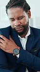 Black man, shoulder pain and stress at office with injury, muscle strain and touch at property development company. African person, realtor and frustrated with tendinitis, fibromyalgia or sore joint