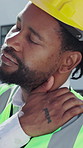 Black man, civil engineer and neck pain with injury in city for stress, discomfort or accident. Male person, builder or contractor with sore shoulder for muscle tension, fibromyalgia or mistake