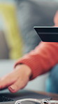 Person, hands and online shopping with credit card on laptop in home for payment or purchase. Closeup, user or shopper with debit or computer for virtual transaction, order or ecommerce app in house