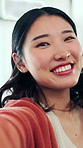 Face, selfie and woman with smile in home for post, social media and memory or relax in living room. Profile picture, happiness and person in lounge with break, self expression or influencer in house