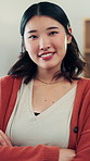 Face, woman and arms crossed in home with confidence, weekend break and positive attitude in living room. House, relax and person with lazy afternoon, portrait and self care or chilling in lounge
