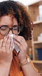 Sick, woman and wipe nose with tissue from sinus, nasal congestion and flu symptoms. Person, napkin and sneezing with viral infection, contagious illness and allergies from influenza disease at house