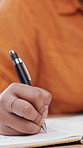 Hands, writing and notebook at office with agenda, checklist or project management at media company. Person, writer or journalist with diary, review or insight for editing process at creative agency