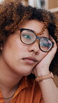 Bored, student and woman with glasses in home, studying and reading info on web or exam preparation. Learning, online and person with eyewear for assignment, reflection and tired of academic pressure
