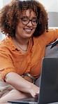Happy woman, laptop and credit card in home for online shopping, transaction or discount sale in lounge. Person, computer and smile with fintech, typing or easy payment for  e commerce in apartment
