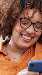 Woman, smartphone and laugh with texting in home with web chat, funny meme and online dating in lounge. Person, phone and glasses with mobile app, post or notification with social media at apartment