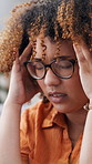 Burnout, remote work and business woman with headache for stress, overworked and worry for deadline. Freelance, glasses and upset person with fatigue, head pain and tension for pressure in home
