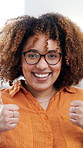 Happy, creative and face of woman with thumbs up for approval, agreement and support for journalism career. Magazine, agency and portrait of person with emoji for yes, like and confidence in office
