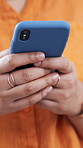 Hands, phone and texting on web in home for contact, chat and communication with online dating. Person, smartphone and click with mobile app, post or notification with social network at apartment