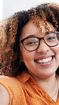 Face, woman and smile with selfie at house for photography, social media post and funny memory. Portrait, female person and goofy expression for profile picture update, positive attitude and weekend