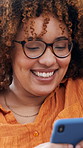 Woman, phone and laugh with texting in home on web chat, funny meme and online dating in lounge. Person, smartphone and glasses with mobile app, post or notification with social media at apartment