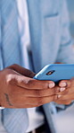 Typing, hands and phone with business man in city for communication, real estate listing and connection. Text message, client feedback and property viewing schedule with person and mobile outdoor
