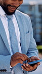 Typing, smile and phone with business black man in city for communication, real estate listing and connection. Text message, client feedback and property viewing schedule with person outdoor