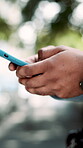 Contact, hands and phone with business man in city for communication, real estate listing and connection. Text message, client feedback and property viewing schedule with person and mobile outdoor
