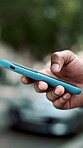 Search, hands and phone with business man in city for communication, real estate listing and connection. Text message, client feedback and property viewing schedule with person and mobile outdoor