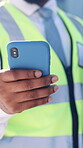 Phone, engineer and hands with man in city for construction manager, contact and advisor. Building project, communication and contractor with person and mobile outdoor for text message and app