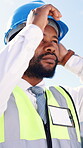 Thinking, engineer and hardhat with black man in city for construction site, vision and contractor. Building inspection, reflection and architecture adviser with person outdoor for project renovation