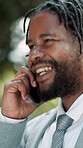 Phone call, talking and business black man in city for communication, negotiation and contact. Portfolio manager, finance consultant and client feedback with person for networking, mobile and chat