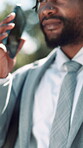 Phone call, contact and talk with business black man in city for communication, real estate agent and connection. Discussion, client feedback and property viewing advisor with person and mobile
