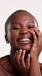 Face, touch and woman with skincare in studio for beauty, wellness glow and smooth texture benefits. Portrait, dermatology and black person with self care for soft skin, smile and white background